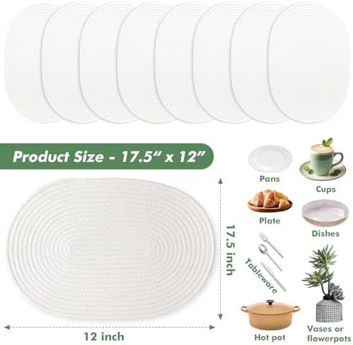 Oval Woven Placemats Set of 8 Heat Resistant Placemats 17 x 12 Inches Farmhouse Cotton Rope Place Mats for Dining Tables Trivets for Hot Dishes, White