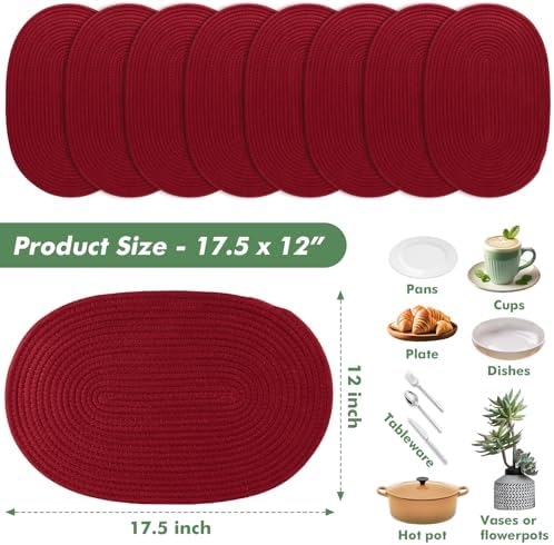 Oval Woven Placemats Set of 8 Heat Resistant Placemats 17 x 12 Inches Farmhouse Cotton Rope Place Mats for Dining Tables Trivets for Hot Dishes, Burgundy