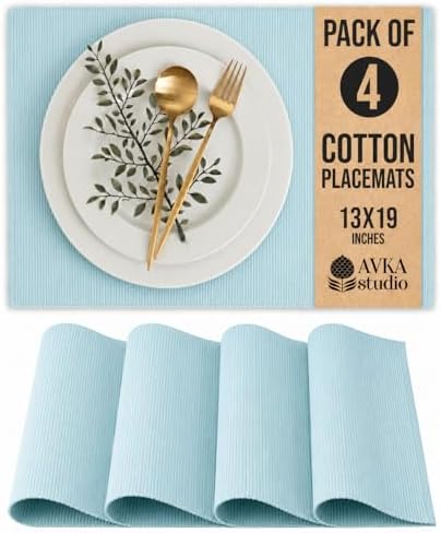 100% Cotton Ribbed Placemats - Set of 4-13 x 19 Inches - Light Blue - Everyday Cloth Table Mats - Thick Construction, Washable & Reusable Cloth Place Mats - by AVKA Studio