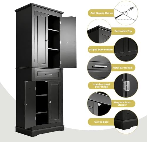 Merax 70" Tall Kitchen Pantry Cabinet with Four Doors & One Drawer, Storage Cupboard for Living Room/Dining Room/Bathroom, Adjustable Shelves, Black