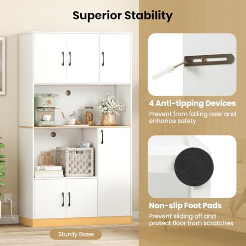 Giantex Kitchen Pantry Cabinet, 71" Kitchen Hutch with 4 Storage Cabinet, Built-in Power Outlet, Wooden Microwave Stand with Large Countertop, Modern Tall Cupboard for Dining Room Coffee Bar, White