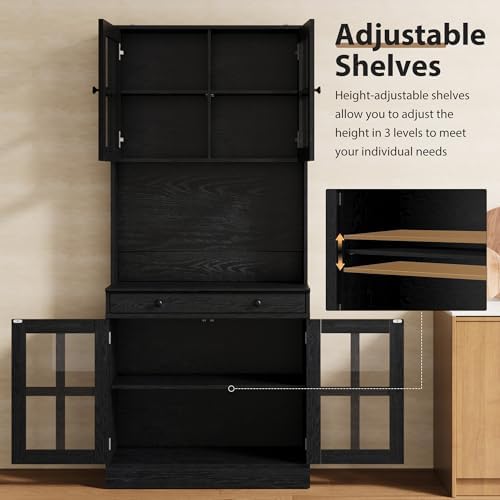 IDEAHOUSE 72" Kitchen Pantry Cabinet with Glass Doors & Drawer, Black