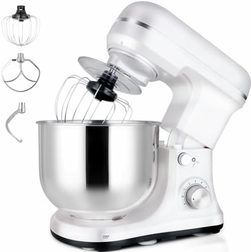 Stand Mixer 5-QT, 6+P Speed Tilt-Head Food Mixer 300W Dough Mixer with Stainless Steel Bowl,Dough Hook,Flat Beater&Whisk Electric Kitchen Mixer for Household Baking, Anti-Slip(Pearl White)