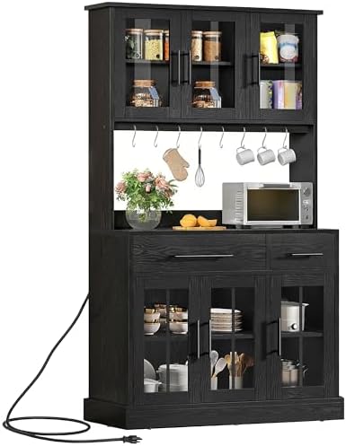 DWVO Kitchen Pantry Storage Cabinet with Microwave Stand, 71'' Tall Kitchen Hutch Cabinets with Power Outlet, Modern Food Pantry Hutch with Drawers ＆ Shelves for Home, Pack of 1, Black