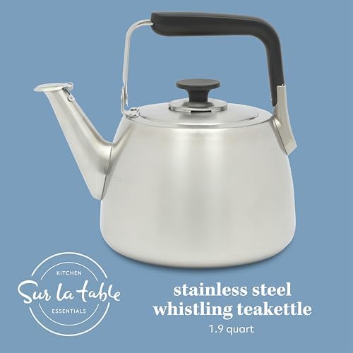 Sur La Table Kitchen Essentials 1.9-Quart Heavy Gauge Brushed Stainless Steel Whistling Tea Kettle – Durable Stovetop Kettle - Image 2