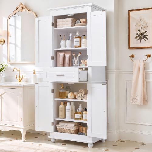 Merax 63" Pantry Cupboard with Four Doors & One Drawer, Bathroom Storage Cabinet with Adjustable Shelves for Home/Living Room/Dining Room/Kitchen, White