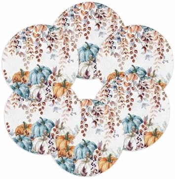 Fall Round Placemats Set of 6 Thanksgiving Teal Blue Pumpkin Place Mats Washable Woven Placemat Autumn Eucalyptus Leaves Circle Braided Table Mat for Kitchen Dining Table Holiday Party Decor 15 Inch