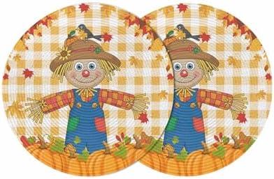 Fall Round Placemats Set of 2 Thanksgiving Scarecrows Crow Pumpkin Place Mats Woven Placemat Maple Leaf Orange Buffalo Plaid Circle Braided Table Mat for Kitchen Holiday Party Fall Decor 15 Inch