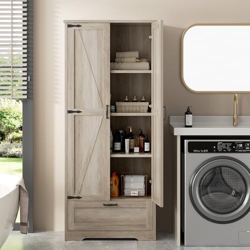 Shintenchi 65" Kitchen Pantry Cabinet, Farmhouse Storage, Ash Gray