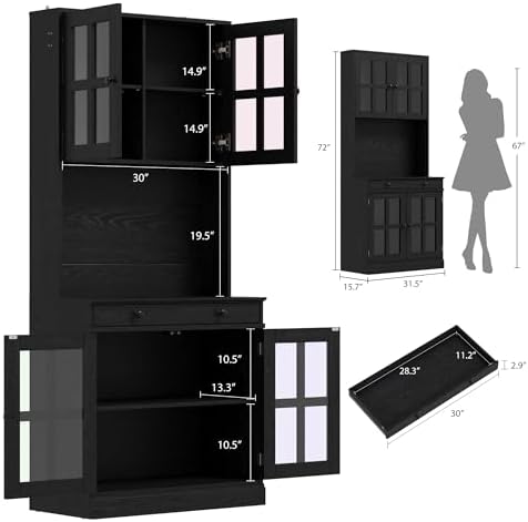 Garvee 72 Inch Kitchen Pantry Cabinet with Glass Doors, Drawer and Adjustable Shelves, Farmhouse Tall Storage Cabinet with Open Countertop, Coffee Bar Cabinet for Coffee Corner, Black