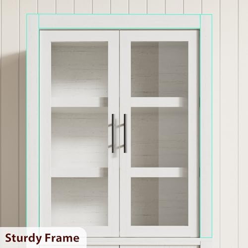Takywep 70.45” Tall Farmhouse Kitchen Pantry Cabinet, Wood Storage Cabinet with 4 Doors & Adjustable Shelves, Anti-Tip Design, Sturdy Bookcase for Kitchen/Dining/Office, Rustic White-Glass