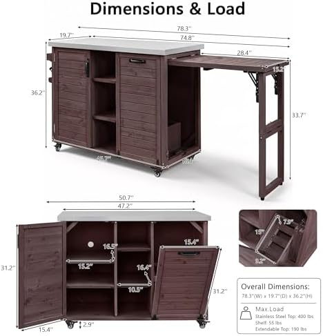 NicBex 78.3" Outdoor Kitchen Island with Foldable Grill Table, Brown