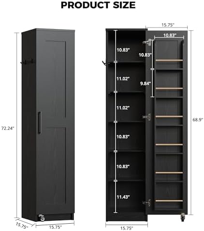IRONCK Narrow Kitchen Pantry Cabinet, 72" H,Slim for Small Place, Black