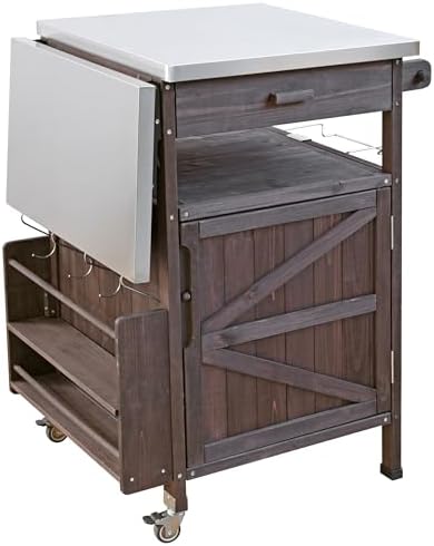 YOPTO 40.5" Outdoor Grill Cart,100% Fir Wood,Stainless Steel Top,Drop Leaf,Lockable Wheels,Towel Rack,Drawer,Rolling Kitchen Cart for Lawn & Garden,Brown