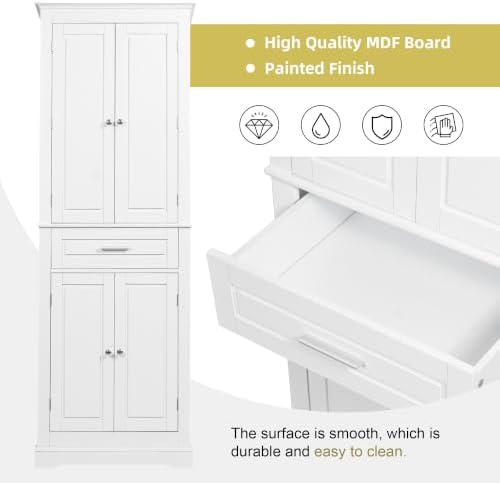 Merax 70" Tall Kitchen Pantry Cabinet with Four Doors & One Drawer, Storage Cupboard for Living Room/Dining Room/Bathroom, Adjustable Shelves, White