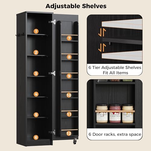 IRONCK Narrow Kitchen Pantry Cabinet, 72" H,Slim for Small Place, Black