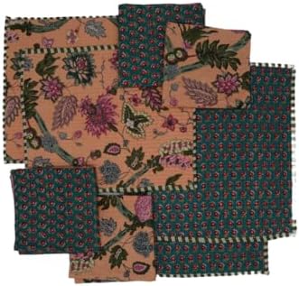 Cotton Block Print Quilted Reversible Placemats with Napkins, Floral Design, Dining Table Decor for Everyday Use, Set of 4 (Teal/Orange)