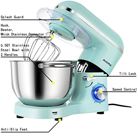 Aucma Stand Mixer,6.5-QT 660W 6-Speed Tilt-Head Food Mixer, Kitchen Electric Mixer with Dough Hook, Wire Whip & Beater (Blue, 6.5QT)