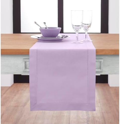 Solino Home Cotton Linen Table Runner Lavender Hemstitch, 14 x 90 in