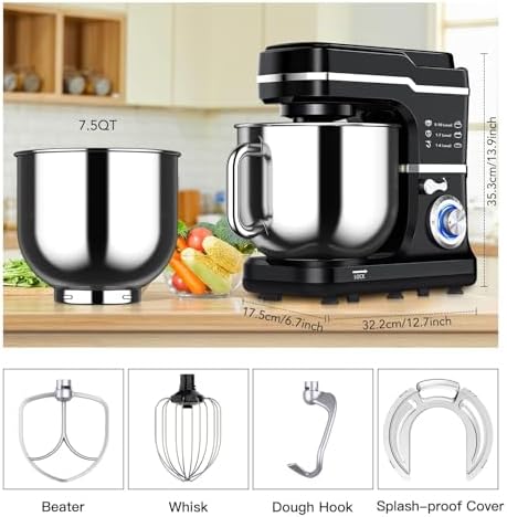 7.5QT Kitchen Stand Food Mixer, 10-Speed Tilt Head Portable Kitchen Mixer with Stainless Steel Bowl, Egg Whisk, Dough Hook, Beater, Splash Guard, Compact Dough Mixer for Baker, Beginners