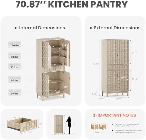 MALOL 71" Tall Pantry Cabinet,Modern Kitchen Cabinet with Doors, Drawers