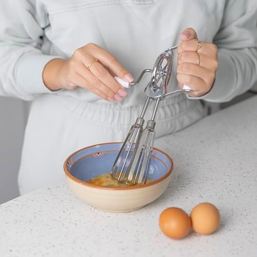 Fox Run Stainless Steel Manual Hand Mixer, White Retro Style Egg Beater
