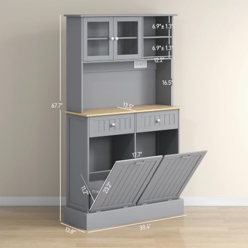 HOMCOM Kitchen Pantry with Tilt-Out Trash Can Cabinet, Power Outlet, Gray