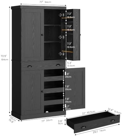 IRONCK 72" Kitchen Pantry Cabinet with Drawer and Sliding Racks, Black