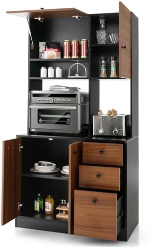 PETSITE Kitchen Buffet Hutch Storage Cabinet, 71" Freestanding Pantry with 3 Cabinets & Drawers, Adjustable Shelves, Microwave Cupboard for Living Room, Dining Room (Walnut)