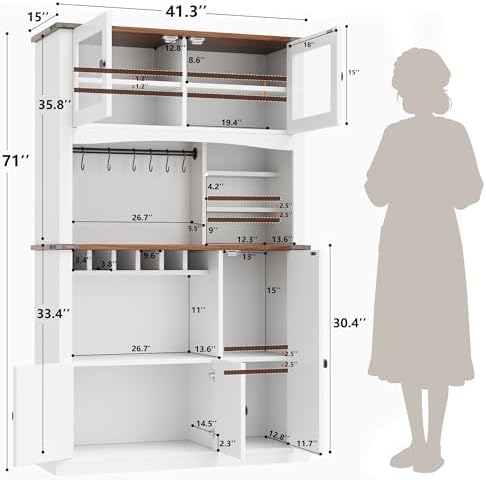 Einhomn 71" Tall Kitchen Pantry Cabinet with Charge Station, 3 Adjustable Shelves, Wine Rack and Glass Door, Kitchen Hutch for Dining Room, Kitchen and Living Room, White