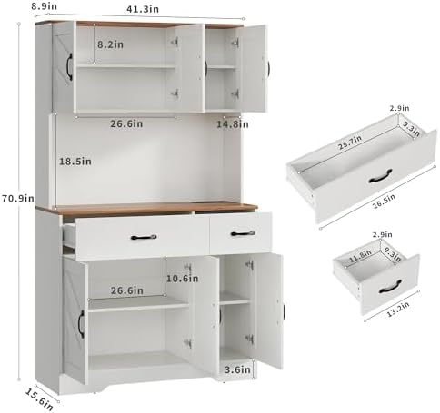 Garvee 71" Kitchen Pantry Cabinet with Charging Station, Kitchen Hutch Storage Cabinet with Large Countertop & 2 Drawers, Wood Farmhouse Food Pantry Cabinet for Dining Room, Living Room, White