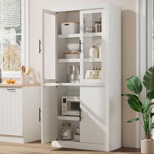 Tall Farmhouse Kitchen Pantry Cabinet, Wood Cabinet with 4 Doors & Adjustable Shelves, Sturdy Frame, Anti-Tip Design, Bookcase for Kitchen/Dining/Office, 70.45 Inches, White