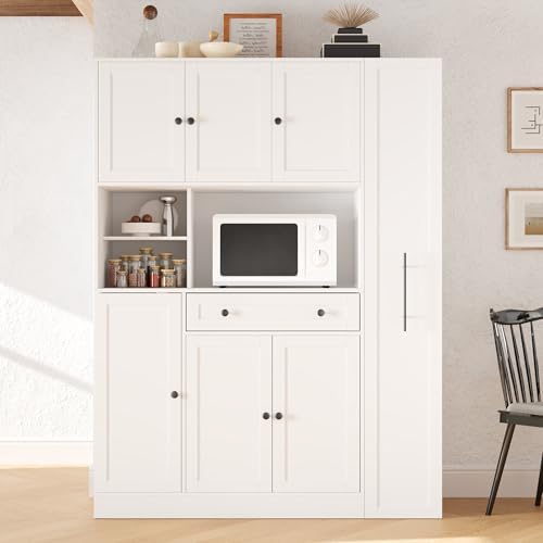 Ball & Cast 70" Farmhouse Kitchen Pantry Cabinet with Hutch, Large Buffet Cabinet with 7-Tier Pull-Out Side Storage, 6 Doors, Drawer, Adjustable Shelves, Freestanding Coffee Bar & Cupboard, White