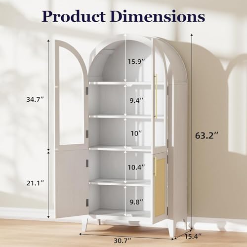 63" Tall Arched Cabinet with Glass Doors, Kitchen Pantry Storage Cabinet with Dust-Proof Rattan, 5-Tier Curio China Cabinet with Adjustable Shelves for Living Room Dining Room, White