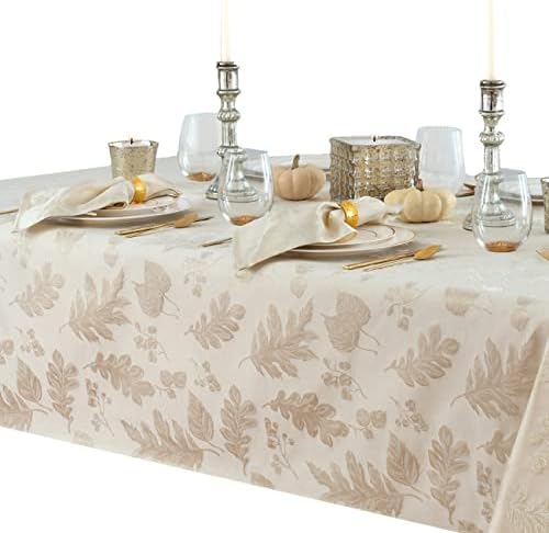 Newbridge Thanksgiving Damask Tablecloth Ivory Gold 60 x 84 Inch Oval