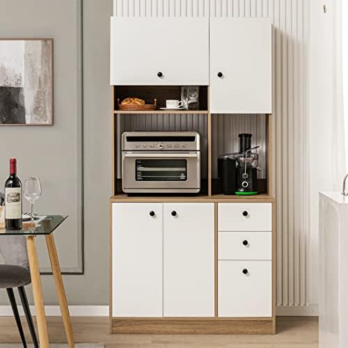 LOKO 71” Tall Kitchen Pantry Storage Cabinet with 3 Drawer, White & Natural