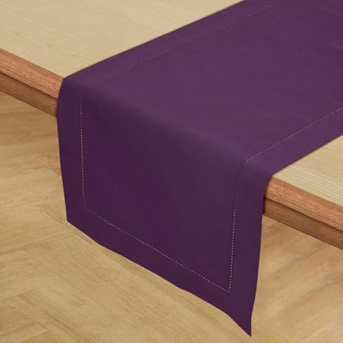 Solino Home Cotton Linen Table Runner Purple Hemstitch, 14 x 120 in