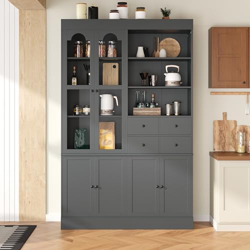 Merax Wood Kitchen Pantry with 4 Drawers, 3 Cabinets and Hutch, Tall Cupboard Dining Storage Cabinet with Door Shelves and Pull-Out Trays for Living Room, Kitchen, Dining Room Gray