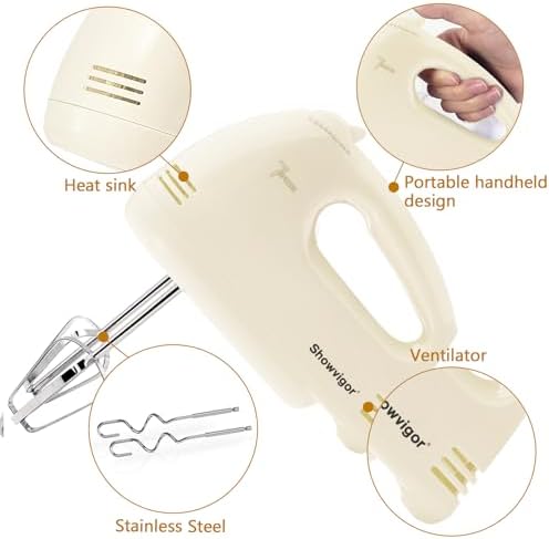 Handmixer Electric Handheld - 7 Speed Portable Kitchen Mixer Electric with 5 Stainless Steel Accessories Whisk, Food Beater for Whipping Mixing Cookies Cakes Eggs, Beige