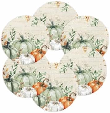 Fall Round Placemats Set of 6 Thanksgiving Sage Green Pumpkin Place Mats Washable Woven Placemat Floral Autumn Eucalyptus Leaves Circle Braided Table Mat for Kitchen Holiday Party Fall Decor 15 Inch