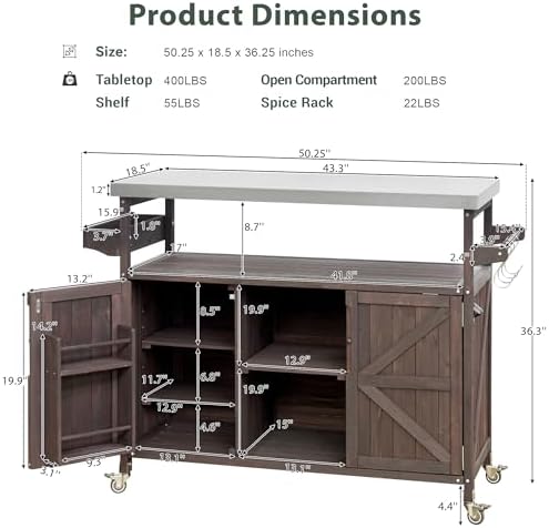 Merax 50" Outdoor Kitchen Grill Cart Island on Wheels with Stainless Steel Top,Farmhouse Style Solid Wood Frame Storage Cabinet for Backyard