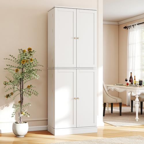 GIANTEX Kitchen Pantry Cabinet, 65.5" Tall Kitchen Hutch w/8-Tier Storage Cabinet, 16-Tier Door Shelves & Adjustable Shelves, 4-Door Freestanding Buffet Sideboard for Dining Room, Living Room, White