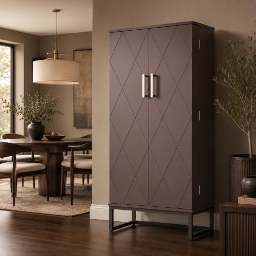 kepptory 51" Pantry Cabinet with Diamond-Patterned Doors and Golden Handles