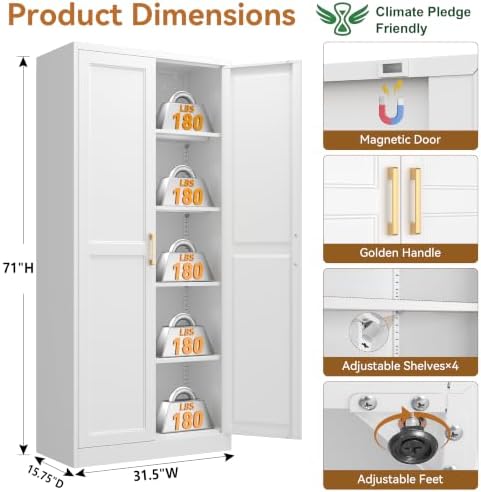 Polup 71" White Metal Kitchen Pantry Storage Cabinet with Doors and Shelves