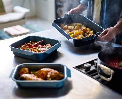 Joseph Joseph Nest Bakeware and Roasting Pan, Carbon Steel Baking Pan with Non-Stick Coating, Easy-Pull Handles, Organized Kitchen Storage, Medium, Blue