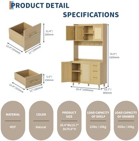 Garvee Rattan Pantry Cabinet, 71 in Kitchen Pantry with Microwave Stand, Freestanding Hutch with Drawers, Doors and Hooks, Boho Storage Cabinet for Dining Room, Kitchen, Living Room, Natural