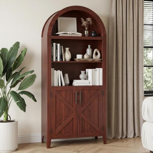 Garvee Arched Cabinet with Doors, 5-Tier Kitchen Pantry Cabinet with Adjustable Shelves, Wooden Open Farmhouse Storage Organizer for Kitchen, Dining Room, Living Room, Home Office, Walnut