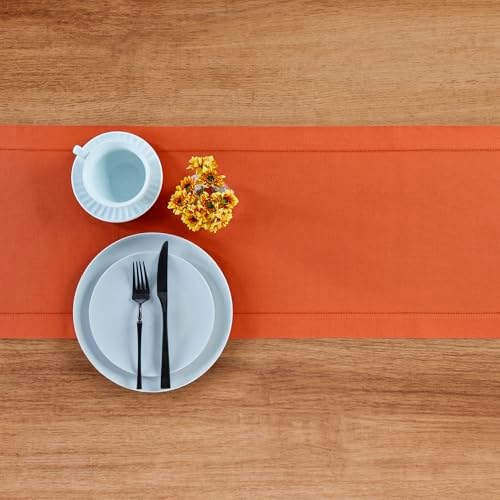 Solino Home Cotton Linen Table Runner Burnt Orange Hemstitch, 14 x 90 in