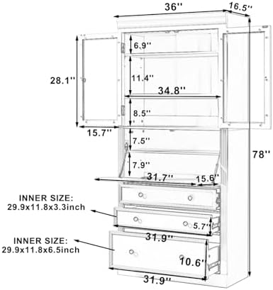 Merax 78 Inch Extra-Tall Freestanding Kitchen Pantry Storage Cabinet, Multifunctional Cupboard with 3 Drawers, Adjustable Shelves & Power Outlet Drop-Down Surface for Dining and Living Room, Grey