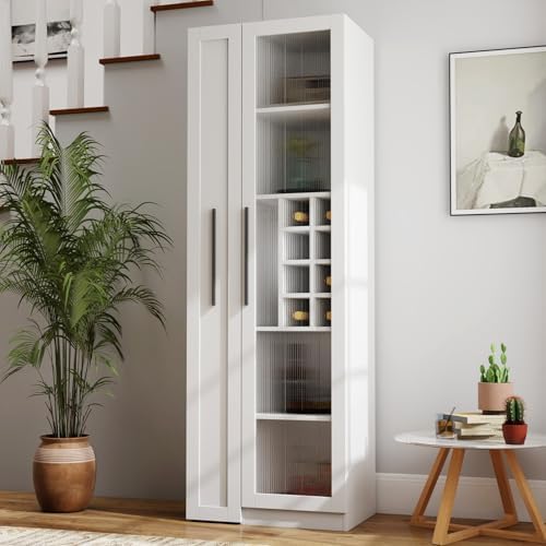 KEIKI Pull-Out Kitchen Pantry Storage Cabinet with Multi-Tier Shelf, Glass Doors, Spice Rack Next to Fridge, Freestanding Wood Hutch Food Pantries Cupboard for Coffee Bar, Dining Room, Narrow Spaces